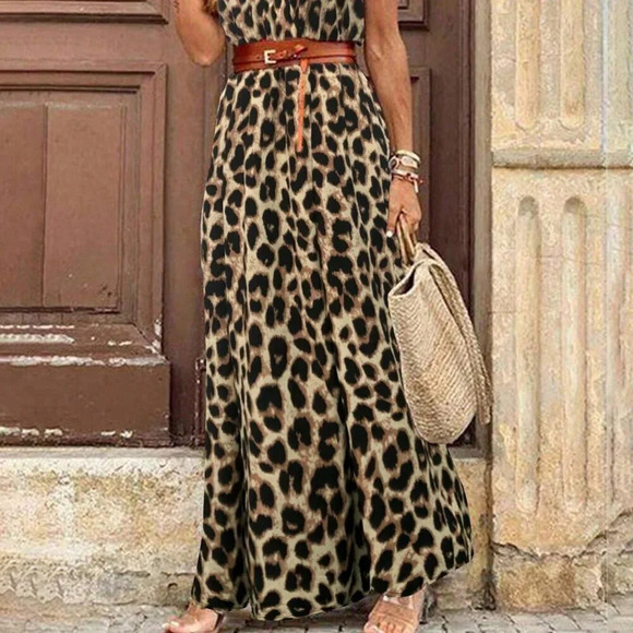 Chocolate Brown Casual Women's Leopard Print Deep V BatwingSleeve Dress - Picture 4 of 5